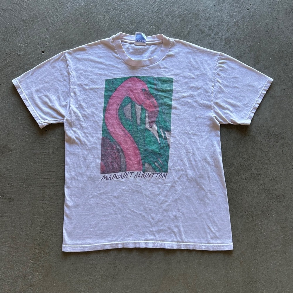 Vintage Margaret Albritton Shirt Size Large Pink Flamingo Art Florida Tropical